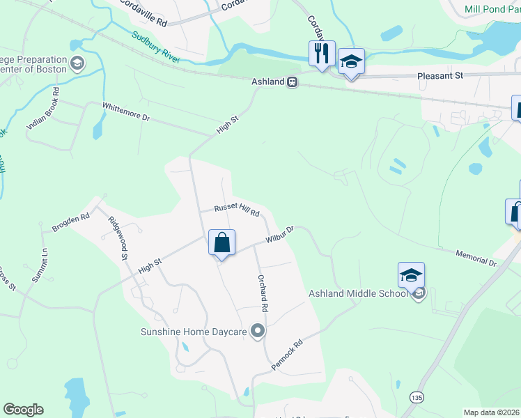 map of restaurants, bars, coffee shops, grocery stores, and more near 24 Russet Hill Road in Ashland