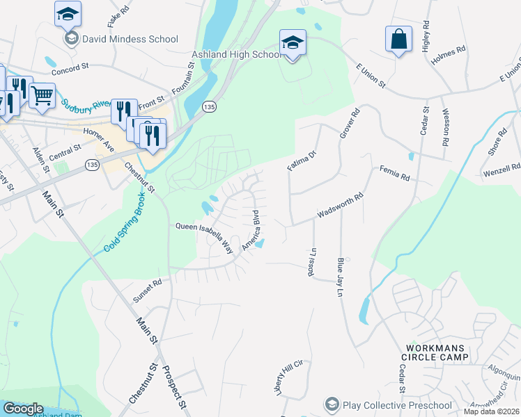 map of restaurants, bars, coffee shops, grocery stores, and more near 263 America Boulevard in Ashland