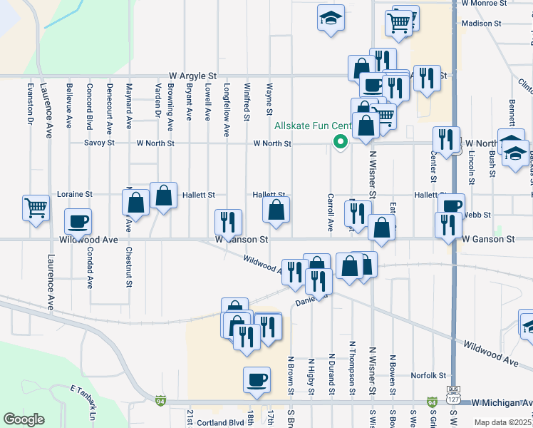 map of restaurants, bars, coffee shops, grocery stores, and more near 704 Wayne Street in Jackson
