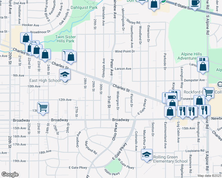 map of restaurants, bars, coffee shops, grocery stores, and more near 1110 31st Street in Rockford