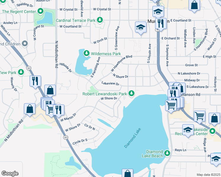 map of restaurants, bars, coffee shops, grocery stores, and more near 434 Lakeview Drive in Mundelein