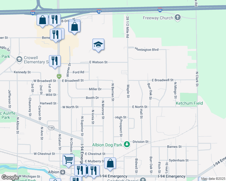 map of restaurants, bars, coffee shops, grocery stores, and more near 1100 North Berrien Street in Albion