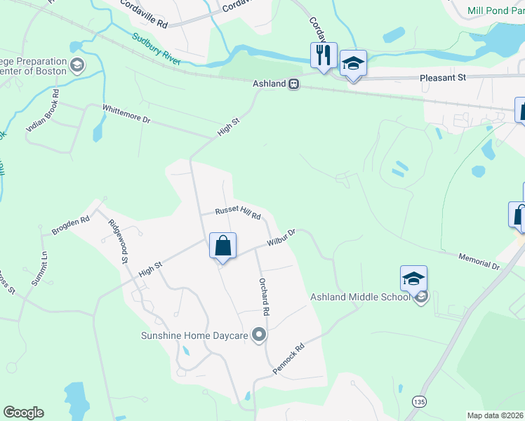 map of restaurants, bars, coffee shops, grocery stores, and more near 24 Russet Hill Road in Ashland
