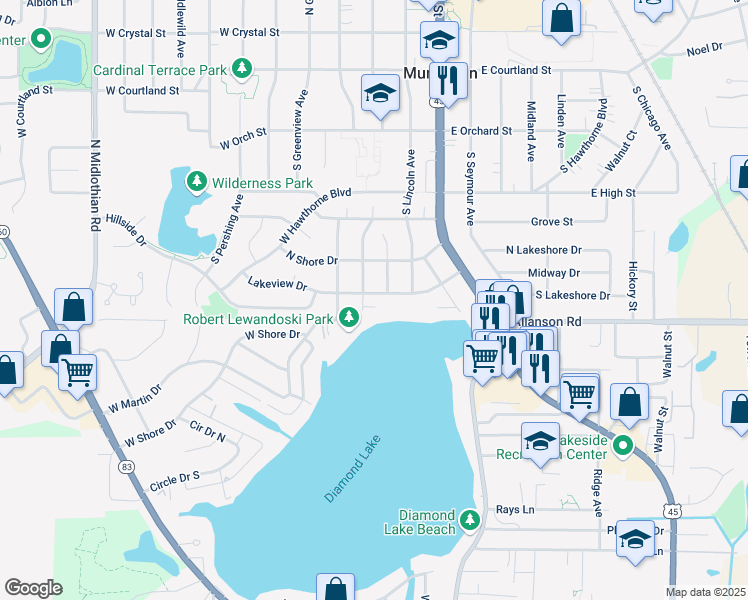 map of restaurants, bars, coffee shops, grocery stores, and more near 422 Southeast Garfield Avenue in Mundelein