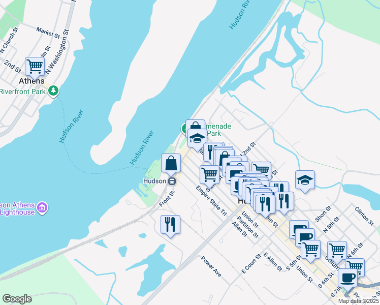 map of restaurants, bars, coffee shops, grocery stores, and more near 16 South Front Street in Hudson
