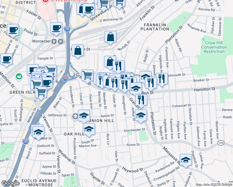 map of restaurants, bars, coffee shops, grocery stores, and more near in Worcester