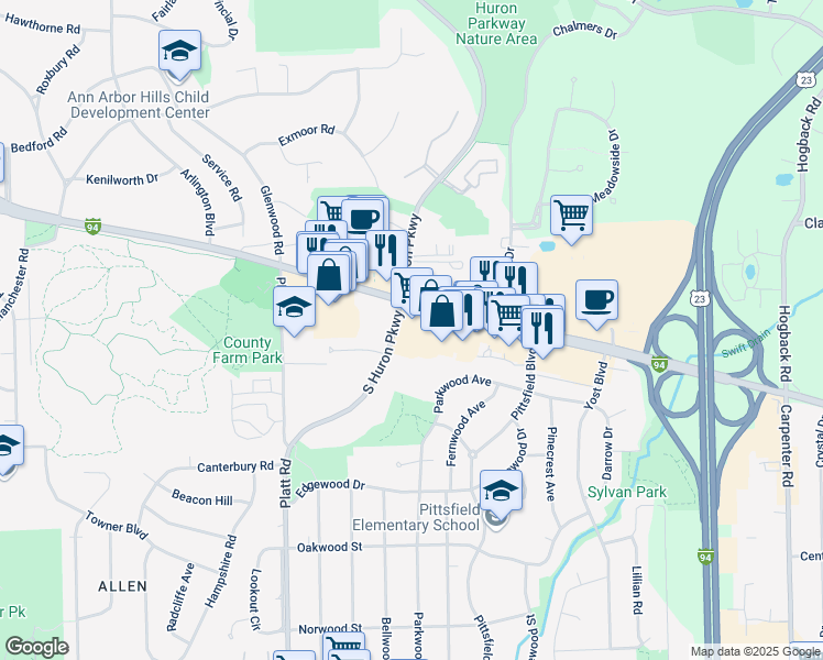 map of restaurants, bars, coffee shops, grocery stores, and more near 2345 Huron Parkway in Ann Arbor