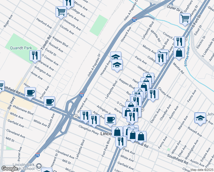 map of restaurants, bars, coffee shops, grocery stores, and more near 1539 Russell Avenue in Lincoln Park
