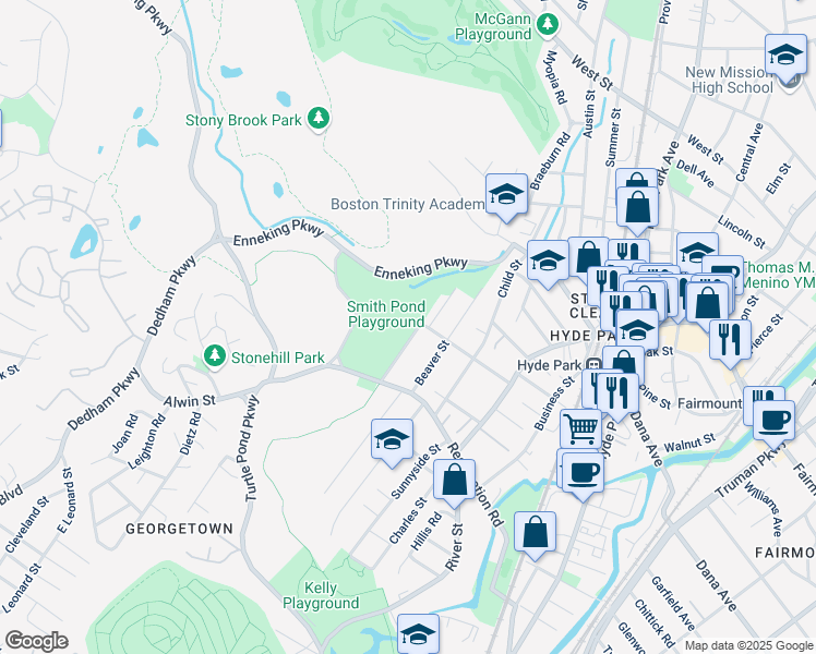 map of restaurants, bars, coffee shops, grocery stores, and more near 100 Cleveland Street in Dedham