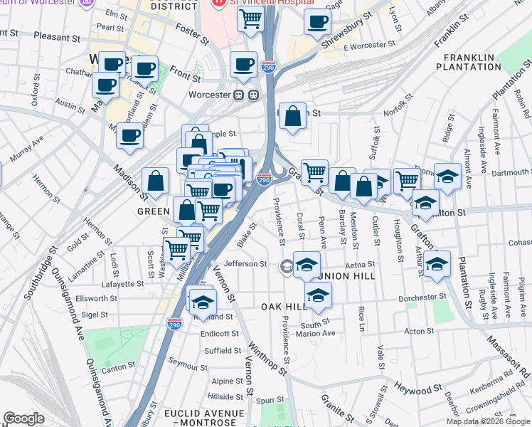 map of restaurants, bars, coffee shops, grocery stores, and more near 13 Waverly Street in Worcester