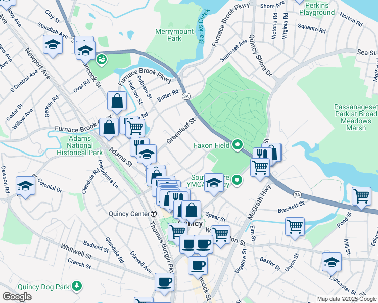 map of restaurants, bars, coffee shops, grocery stores, and more near 158 Putnam Street in Quincy
