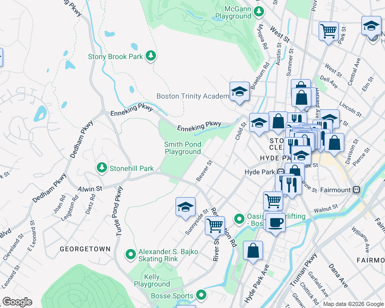 map of restaurants, bars, coffee shops, grocery stores, and more near 100 Cleveland Street in Dedham