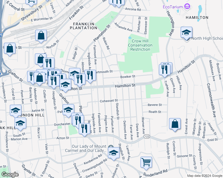 map of restaurants, bars, coffee shops, grocery stores, and more near 119 Hamilton Street in Worcester