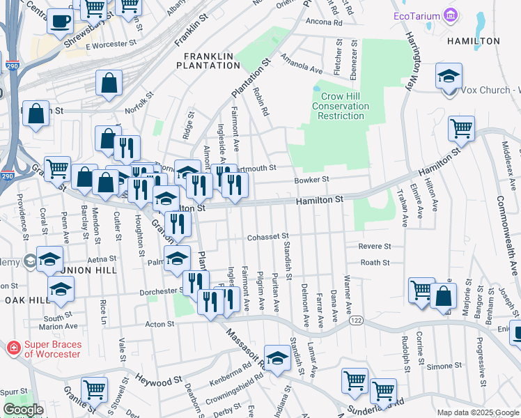 map of restaurants, bars, coffee shops, grocery stores, and more near 119 Hamilton Street in Worcester