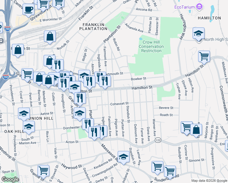map of restaurants, bars, coffee shops, grocery stores, and more near 119 Hamilton Street in Worcester