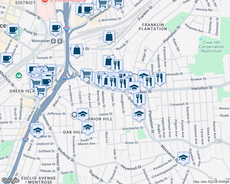 map of restaurants, bars, coffee shops, grocery stores, and more near in Worcester