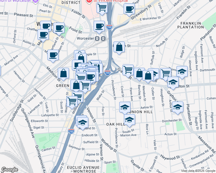 map of restaurants, bars, coffee shops, grocery stores, and more near 13 Waverly Street in Worcester
