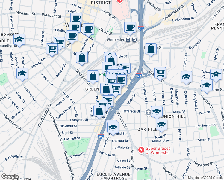 map of restaurants, bars, coffee shops, grocery stores, and more near 138 Green Street in Worcester