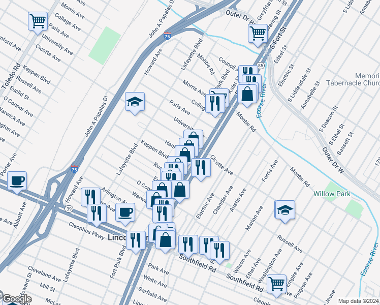 map of restaurants, bars, coffee shops, grocery stores, and more near 1355 Fort Park Boulevard in Lincoln Park