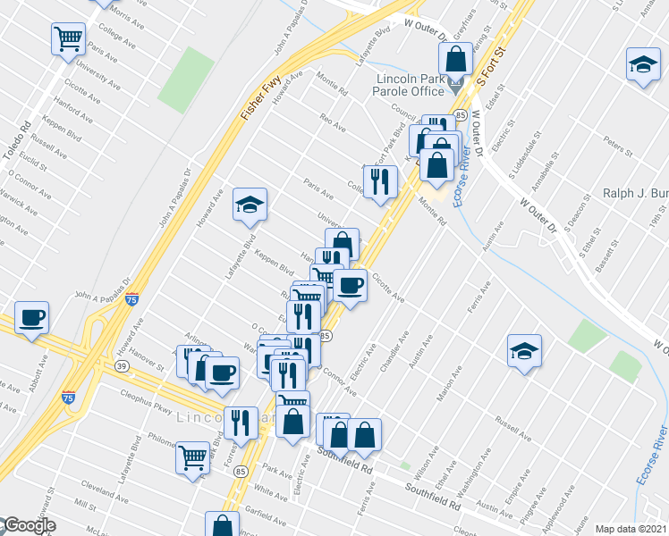 map of restaurants, bars, coffee shops, grocery stores, and more near 1355 Fort Park Boulevard in Lincoln Park
