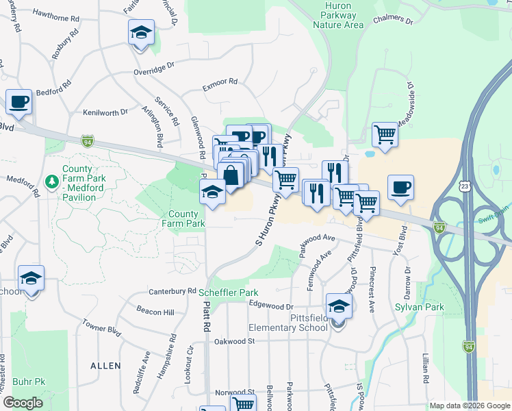 map of restaurants, bars, coffee shops, grocery stores, and more near 3170 Washtenaw Avenue in Ann Arbor