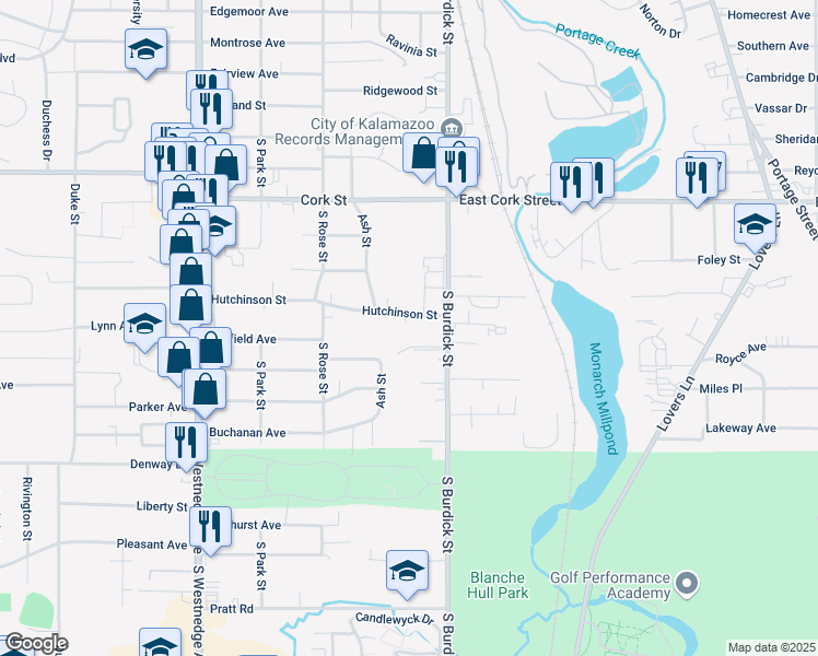map of restaurants, bars, coffee shops, grocery stores, and more near 3434 South Burdick Street in Kalamazoo
