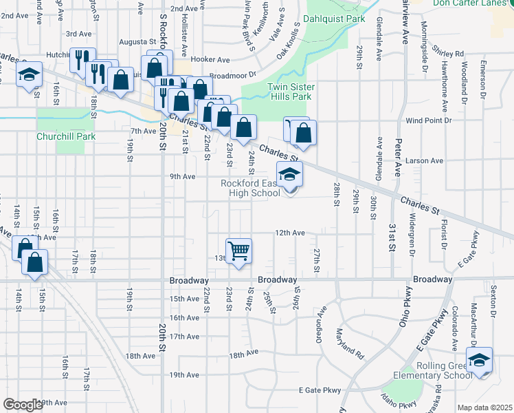 map of restaurants, bars, coffee shops, grocery stores, and more near 1021 24th Street in Rockford