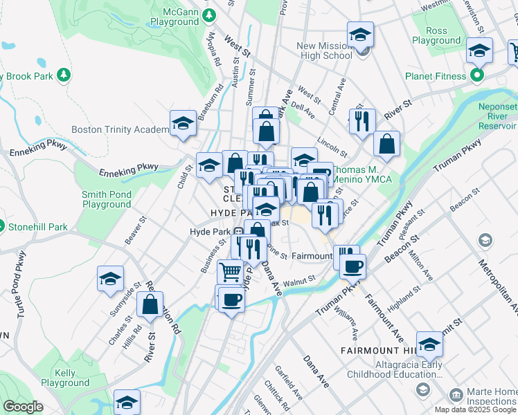 map of restaurants, bars, coffee shops, grocery stores, and more near 1277 River Street in Boston