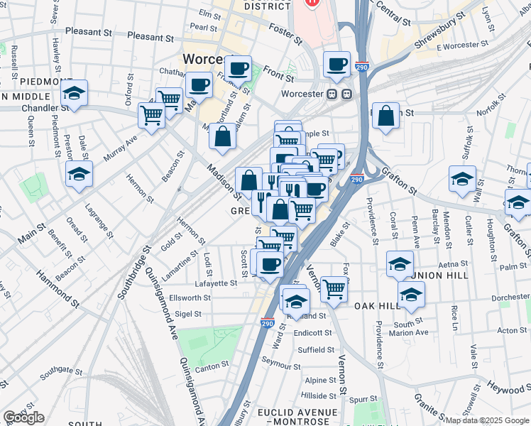map of restaurants, bars, coffee shops, grocery stores, and more near 15 Ash Street in Worcester