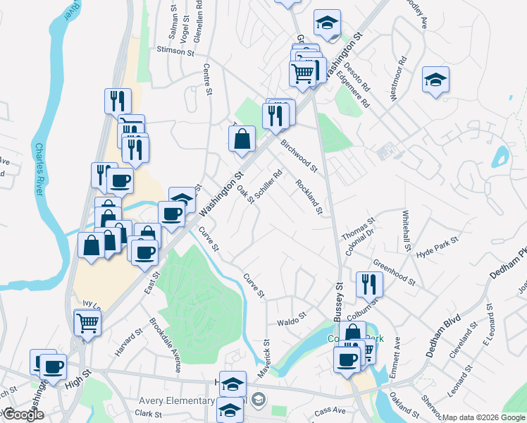 map of restaurants, bars, coffee shops, grocery stores, and more near 48 Schiller Road in Suffolk County