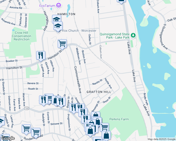 map of restaurants, bars, coffee shops, grocery stores, and more near 35 Boston Avenue in Worcester