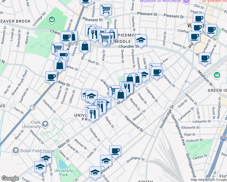 map of restaurants, bars, coffee shops, grocery stores, and more near 14 Shepard Street in Worcester