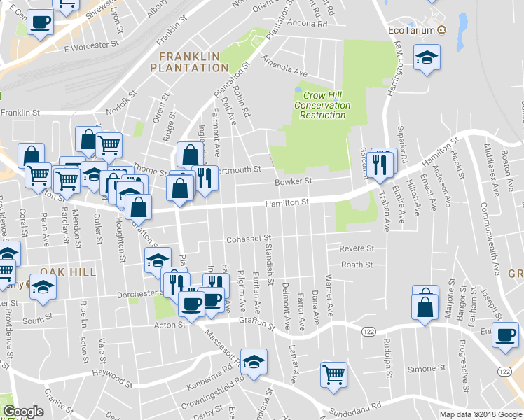 map of restaurants, bars, coffee shops, grocery stores, and more near 2 Standish Street in Worcester