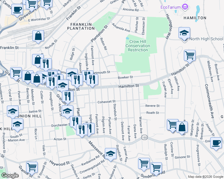 map of restaurants, bars, coffee shops, grocery stores, and more near 155 Hamilton Street in Worcester