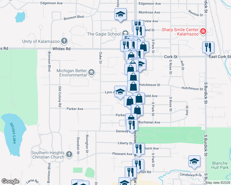 map of restaurants, bars, coffee shops, grocery stores, and more near 709 Lynn Avenue in Kalamazoo