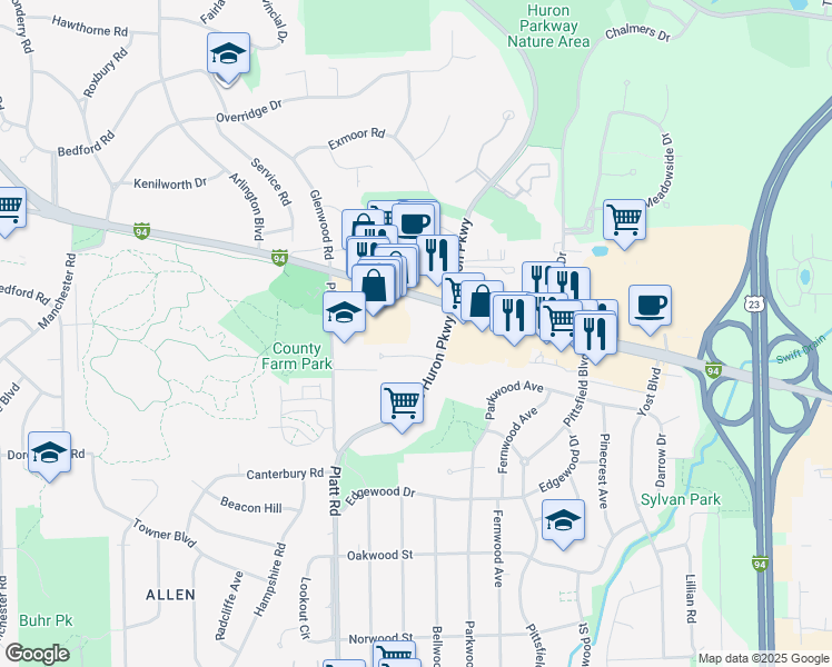 map of restaurants, bars, coffee shops, grocery stores, and more near 3170 Washtenaw Avenue in Ann Arbor