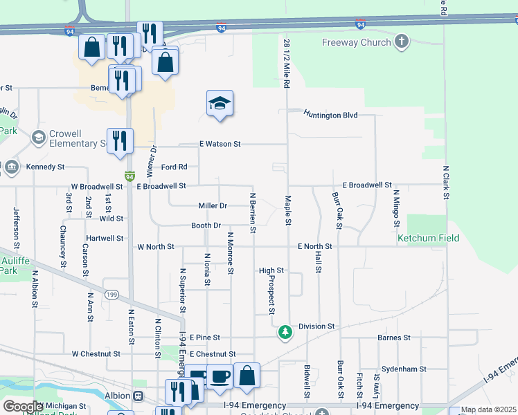 map of restaurants, bars, coffee shops, grocery stores, and more near 1100 North Berrien Street in Albion