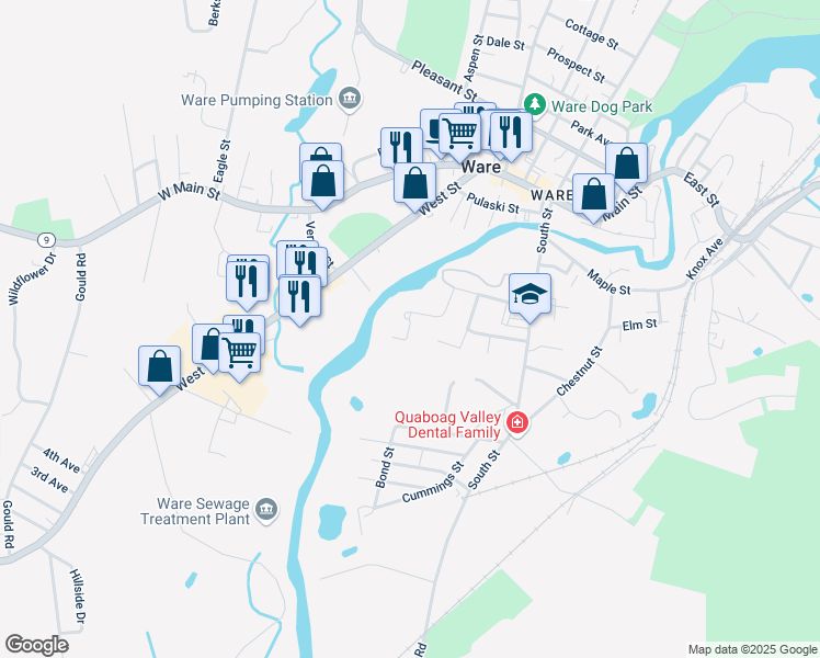 map of restaurants, bars, coffee shops, grocery stores, and more near 17 Valley View in Ware