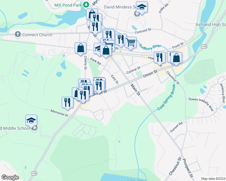 map of restaurants, bars, coffee shops, grocery stores, and more near 352 Union Street in Ashland
