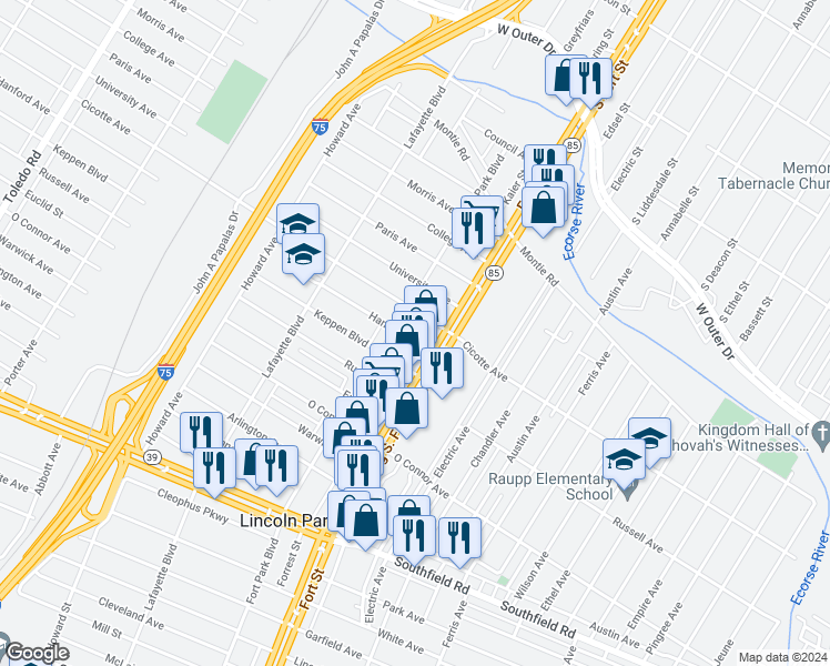 map of restaurants, bars, coffee shops, grocery stores, and more near 1312 Hanford Avenue in Lincoln Park