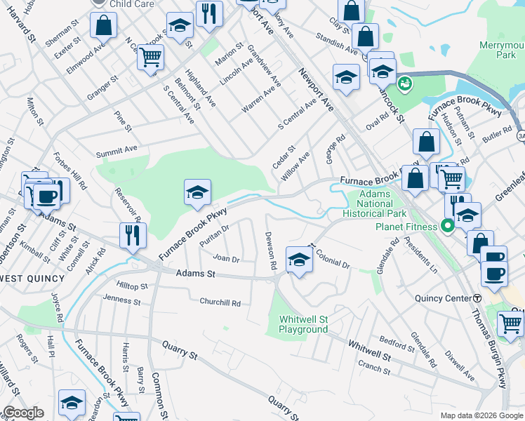 map of restaurants, bars, coffee shops, grocery stores, and more near 610 Furnace Brook Parkway in Quincy