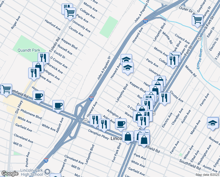 map of restaurants, bars, coffee shops, grocery stores, and more near 1567 Euclid Street in Lincoln Park