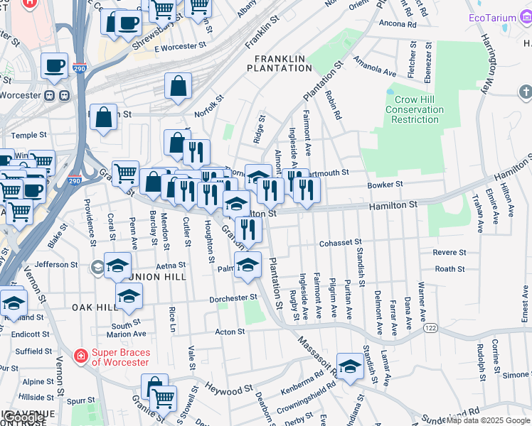 map of restaurants, bars, coffee shops, grocery stores, and more near Plantation St & Hamilton St in Worcester