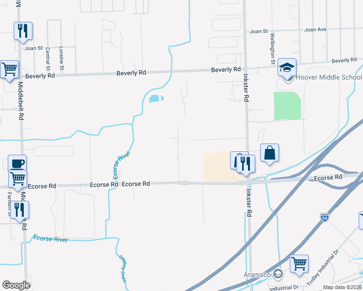 map of restaurants, bars, coffee shops, grocery stores, and more near 6825 Birchdale Street in Romulus
