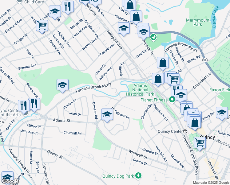 map of restaurants, bars, coffee shops, grocery stores, and more near 556 Furnace Brook Parkway in Quincy