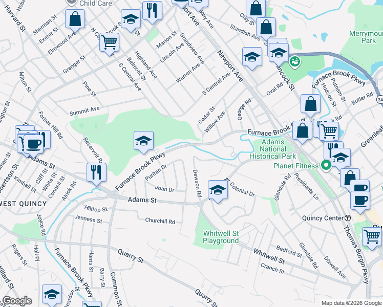 map of restaurants, bars, coffee shops, grocery stores, and more near 610 Furnace Brook Parkway in Quincy