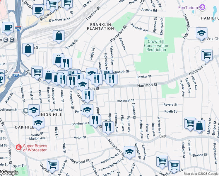 map of restaurants, bars, coffee shops, grocery stores, and more near 115 Fairmont Avenue in Worcester
