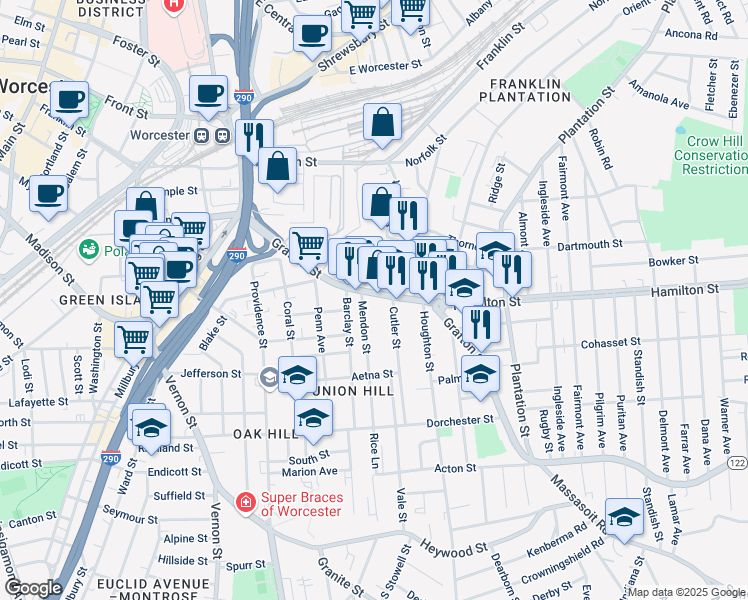 map of restaurants, bars, coffee shops, grocery stores, and more near 267 Grafton Street in Worcester