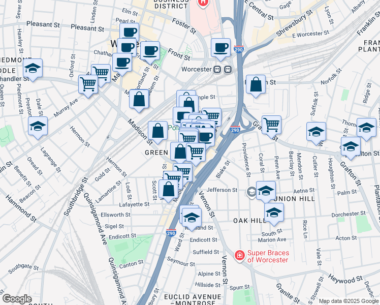 map of restaurants, bars, coffee shops, grocery stores, and more near 138 Green Street in Worcester