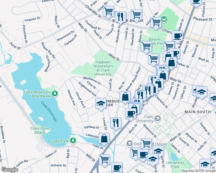 map of restaurants, bars, coffee shops, grocery stores, and more near 1 Willow Street in Worcester